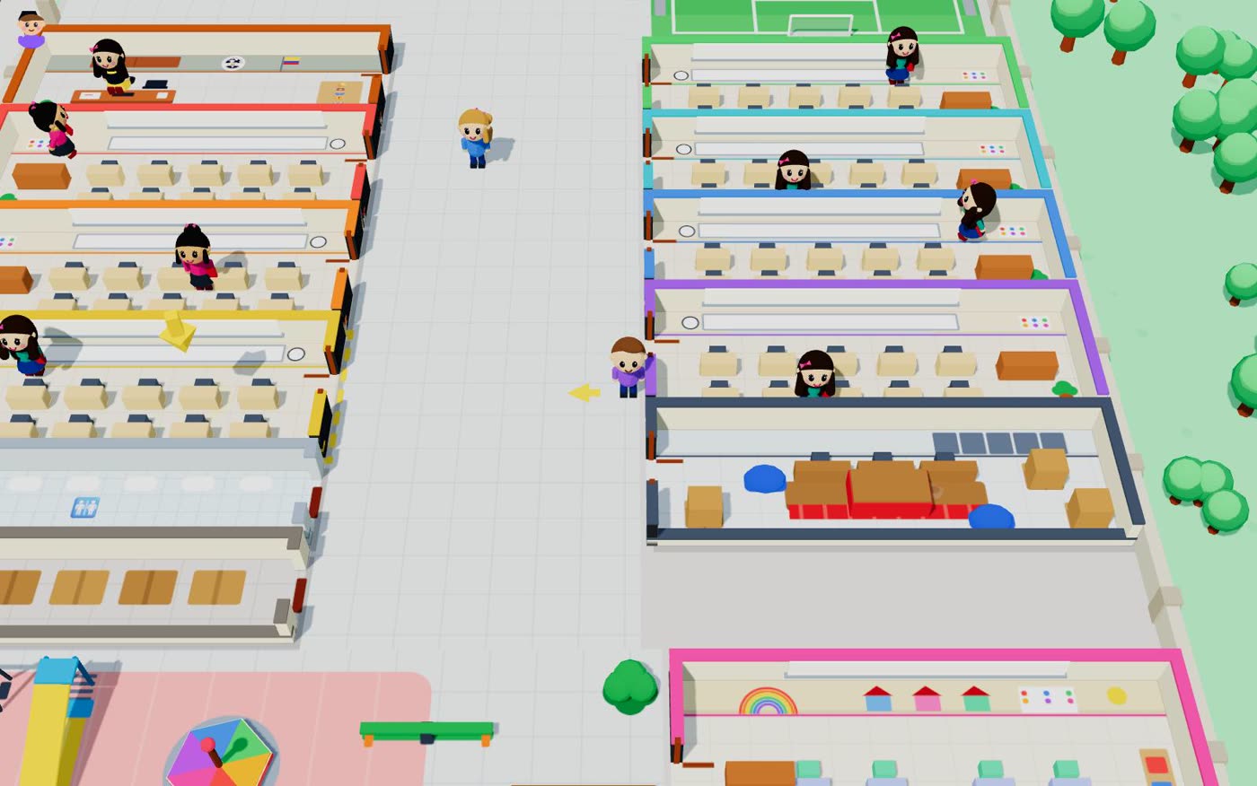 Vista de la Escuela Virtual en 3D: aulas, patio y cancha de la escuela